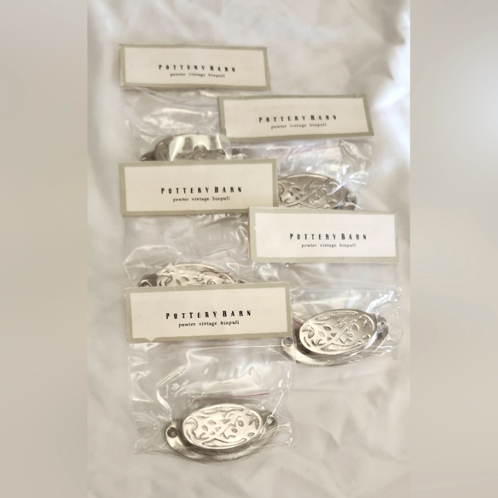 Set of 5 POTTERY BARN Pewter Vintage Bin Pull Drawer Handles NIP